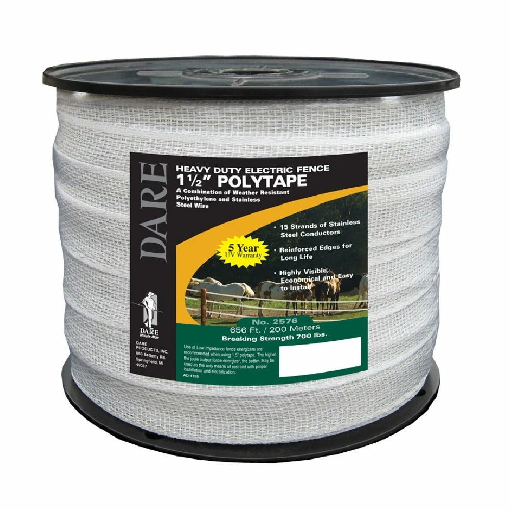 Dare White Electric Fence Wire Heavy Duty 1 1/2" x 656' Polytape - 2576 - Electric Fencing 3 Dare White Electric Fence Wire Heavy Duty 1 1/2" x 656' Polytape - 2576 - Electric Fencing