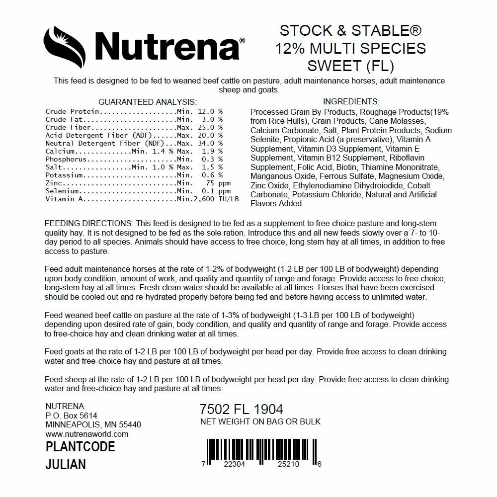 Nutrena Stock & Stable 12% Multi-Species Textured Sweet Feed, 50 lb. Feed - Horse Feed 4 Nutrena Stock & Stable 12% Multi-Species Textured Sweet Feed, 50 lb. Feed - Horse Feed - Image 2