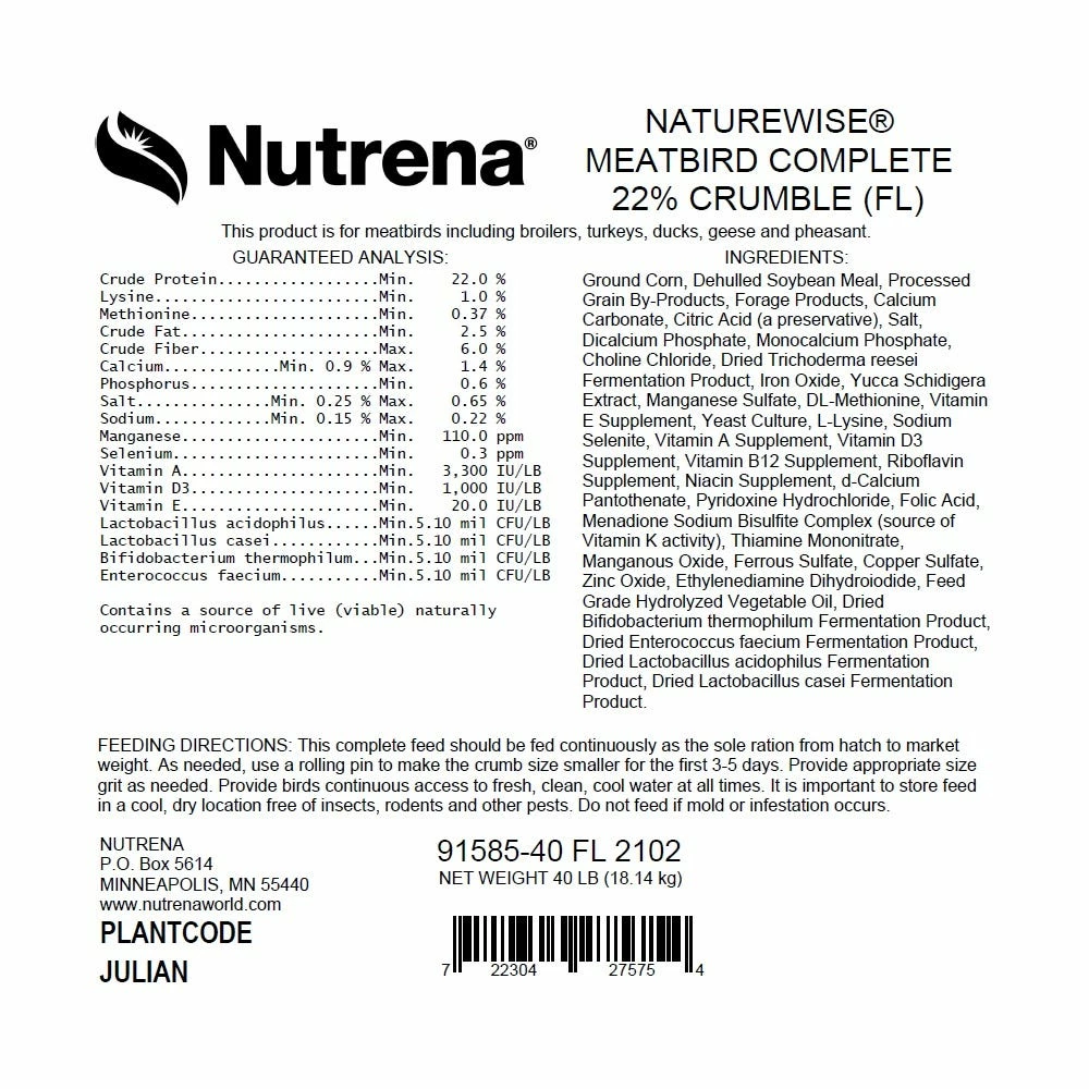 Nutrena NatureWise® Meatbird 22% Protein Crumble, 40 lb. Bag - Chicken Feed 3 Nutrena NatureWise® Meatbird 22% Protein Crumble, 40 lb. Bag - Chicken Feed