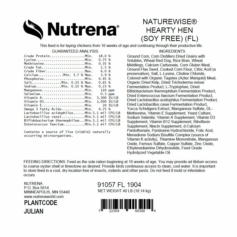 Nutrena NatureWise® Hearty Hen 18% Protein Pellet Feed, 40 lb. Bag - Chicken Feed 5 Nutrena NatureWise® Hearty Hen 18% Protein Pellet Feed, 40 lb. Bag - Chicken Feed - Image 3