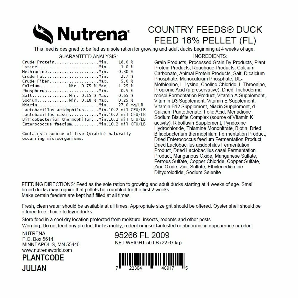 Nutrena Country Feeds® Duck Feed 18% Pellet Feed, 50 lb. Bag - Wildlife Feed 3 Nutrena Country Feeds® Duck Feed 18% Pellet Feed, 50 lb. Bag - Wildlife Feed
